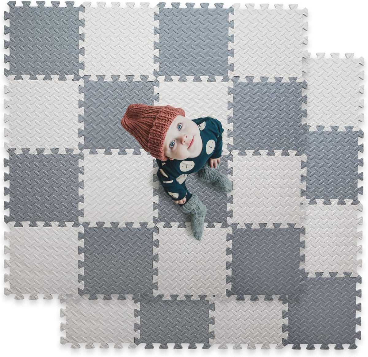16 Tiles Foam Play Mat, Soft & Safe EVA Foam Mats for Floor - Whit/Gray