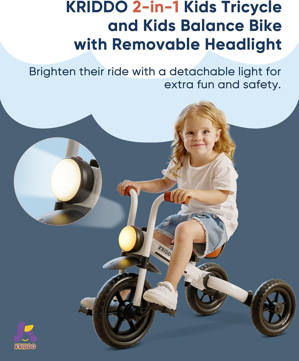 KRIDDO 2-in-1 Foldable Balance Bike and Toddler Tricycle for 2 to 5 - White - image 3