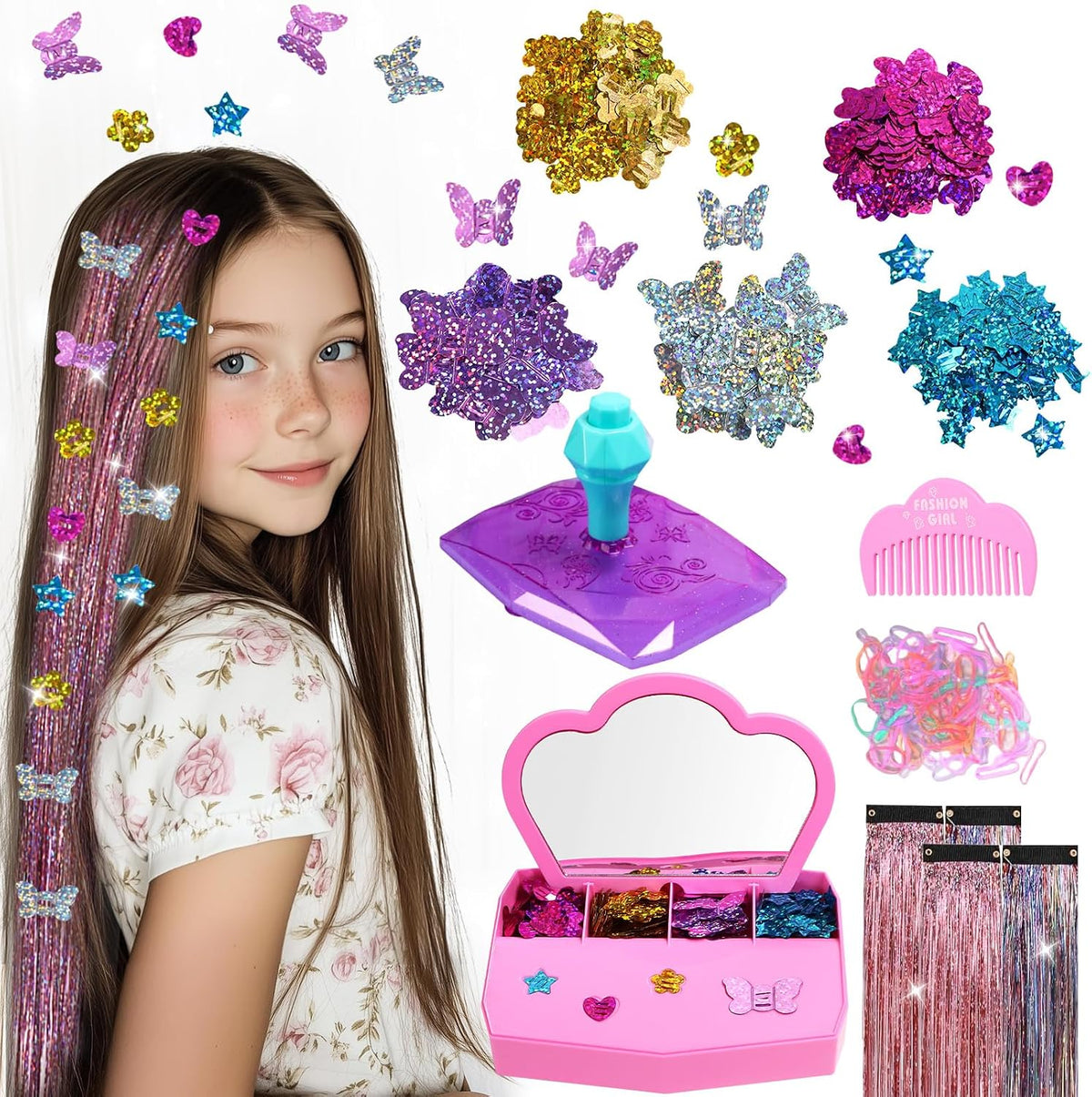 AOSITE hair bedazzler gem stamper kit with glitter pieces, wig pieces, mirror and box - view 2