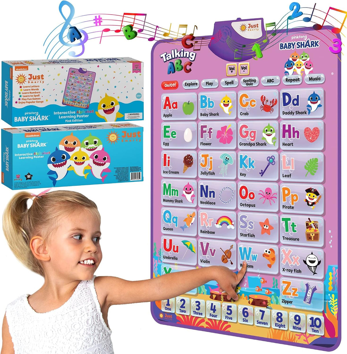 Just Smarty Interactive Alphabet Wall Chart, ABC & 123's, Blue – Fun for Kids & Family - Baby Shark Pink Edition