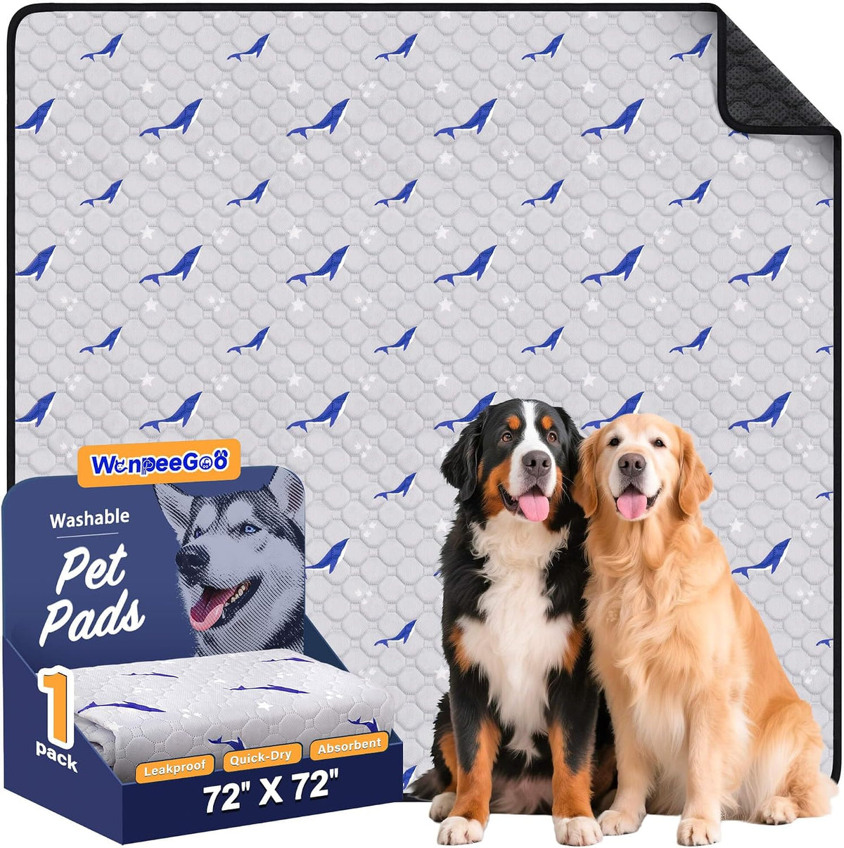 Washable Dog Pee Pads, Non-Slip Waterproof, Feather - Dolphin Pattern / 72"x72"(Pack of 1)
