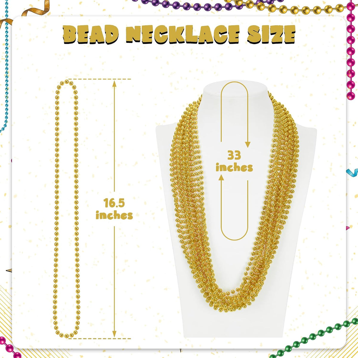 Huskein Bead Necklace, 33" Colorful Mardi Gras Beads Necklaces - Gold / 12 - image 2