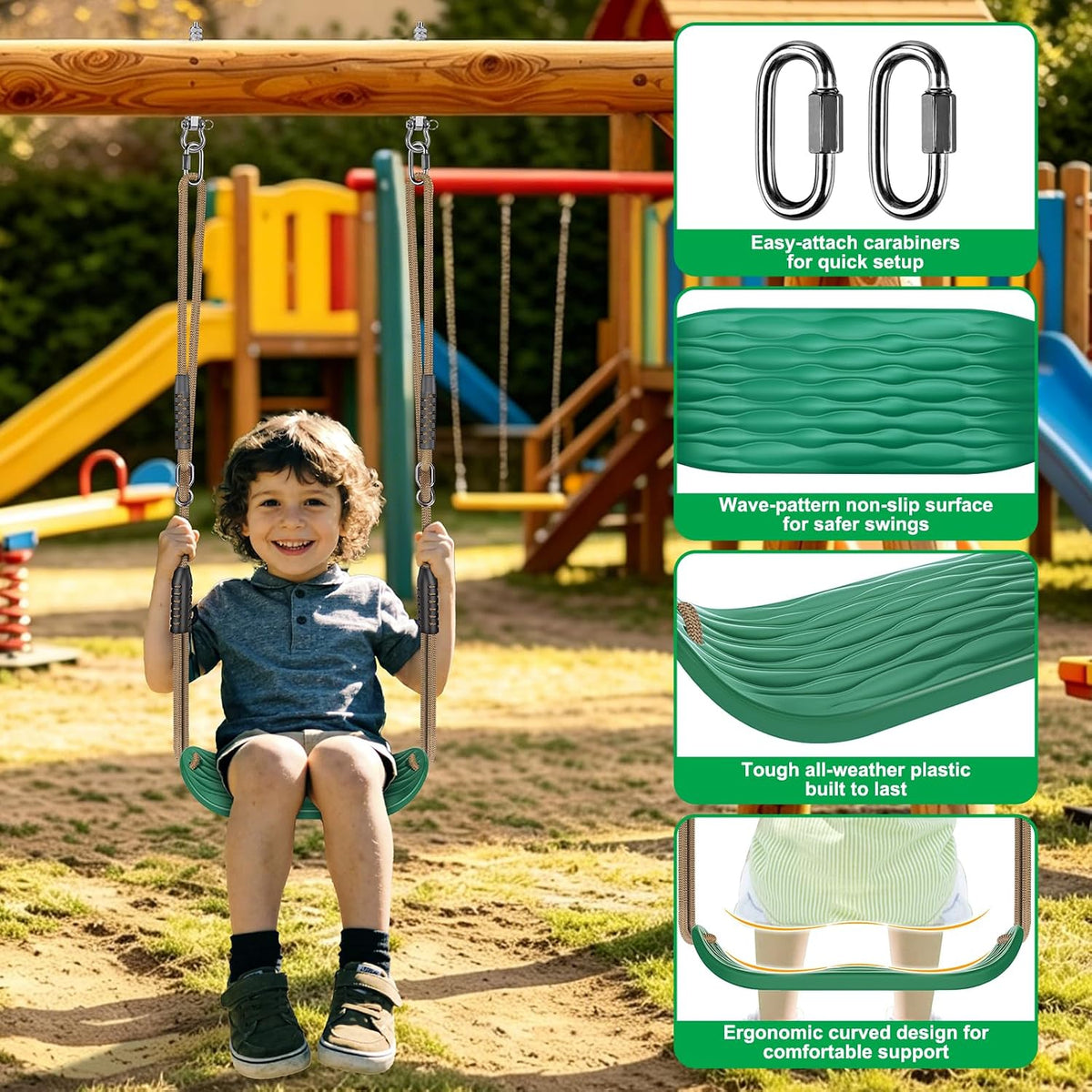 SELEWARE Black High Back Full Bucket Toddler Swing Seat w/Adjustable - Green U-shape Swing (1 Pack) - image 3