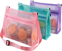 MUYIZI Mesh Beach Bag for Shells Collecting 3 Pack - Pink+Purple+Green
