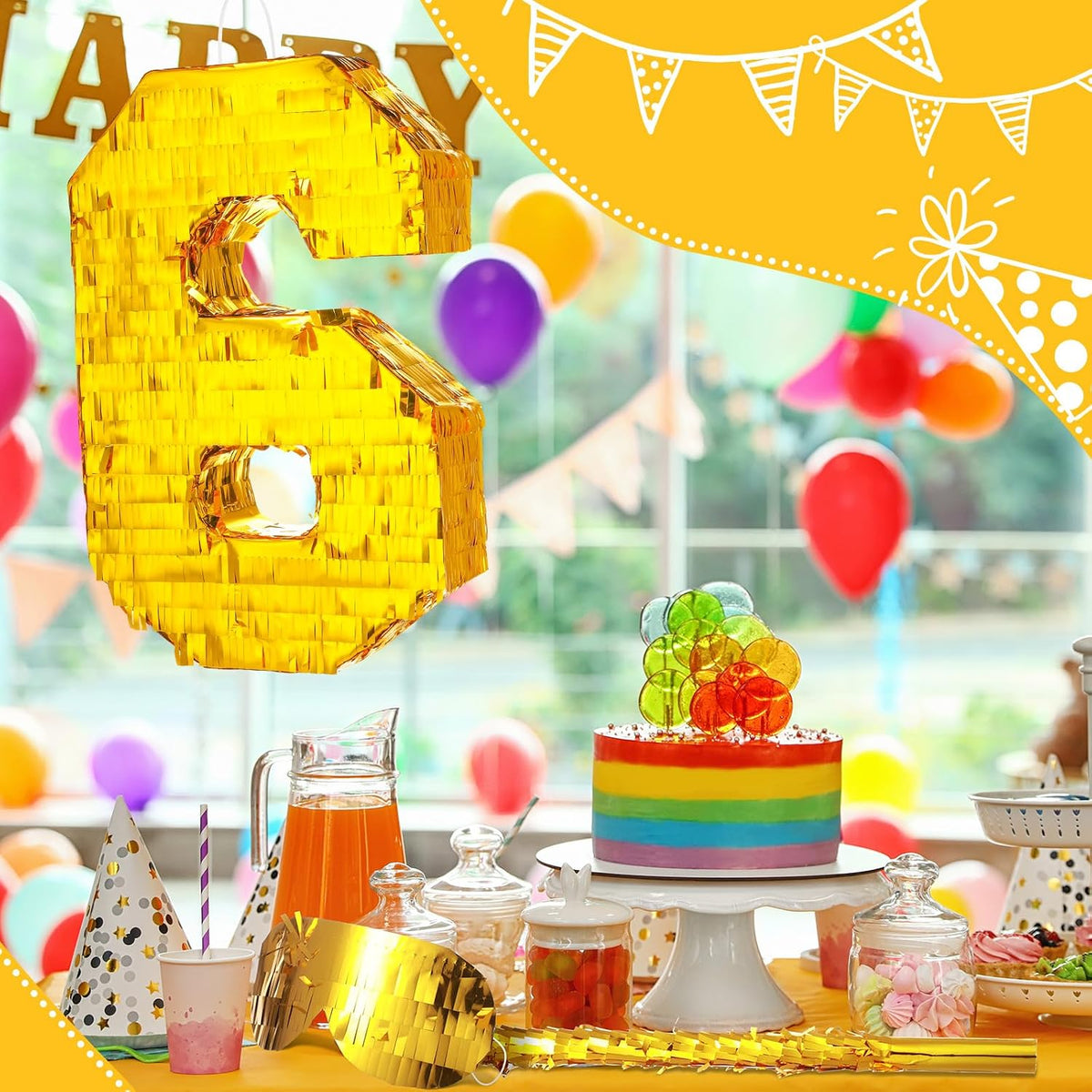 Sratte gold foil number piñata set with gold blindfold, piñata stick and bag of confetti - view 17