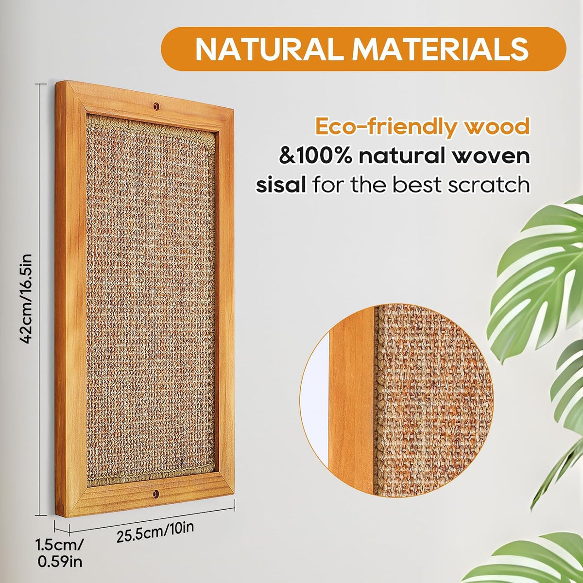 Cat Scratching Post, Wooden Sisal Cats Wall Scratcher - 2 PCS Large Brown - image 3