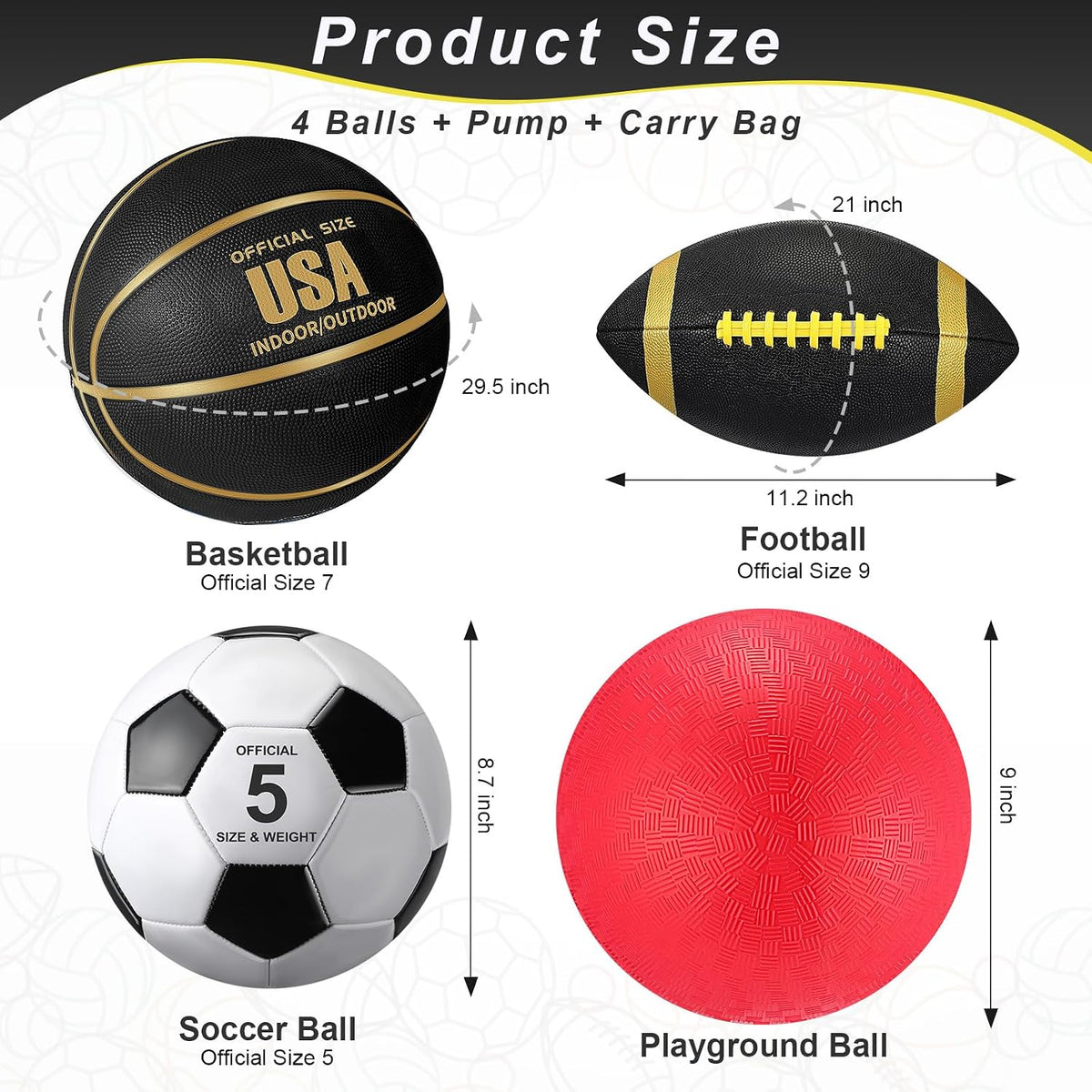 Lenwen sports balls set with basketball, soccer ball, football, playground ball, pump and bag - view 6