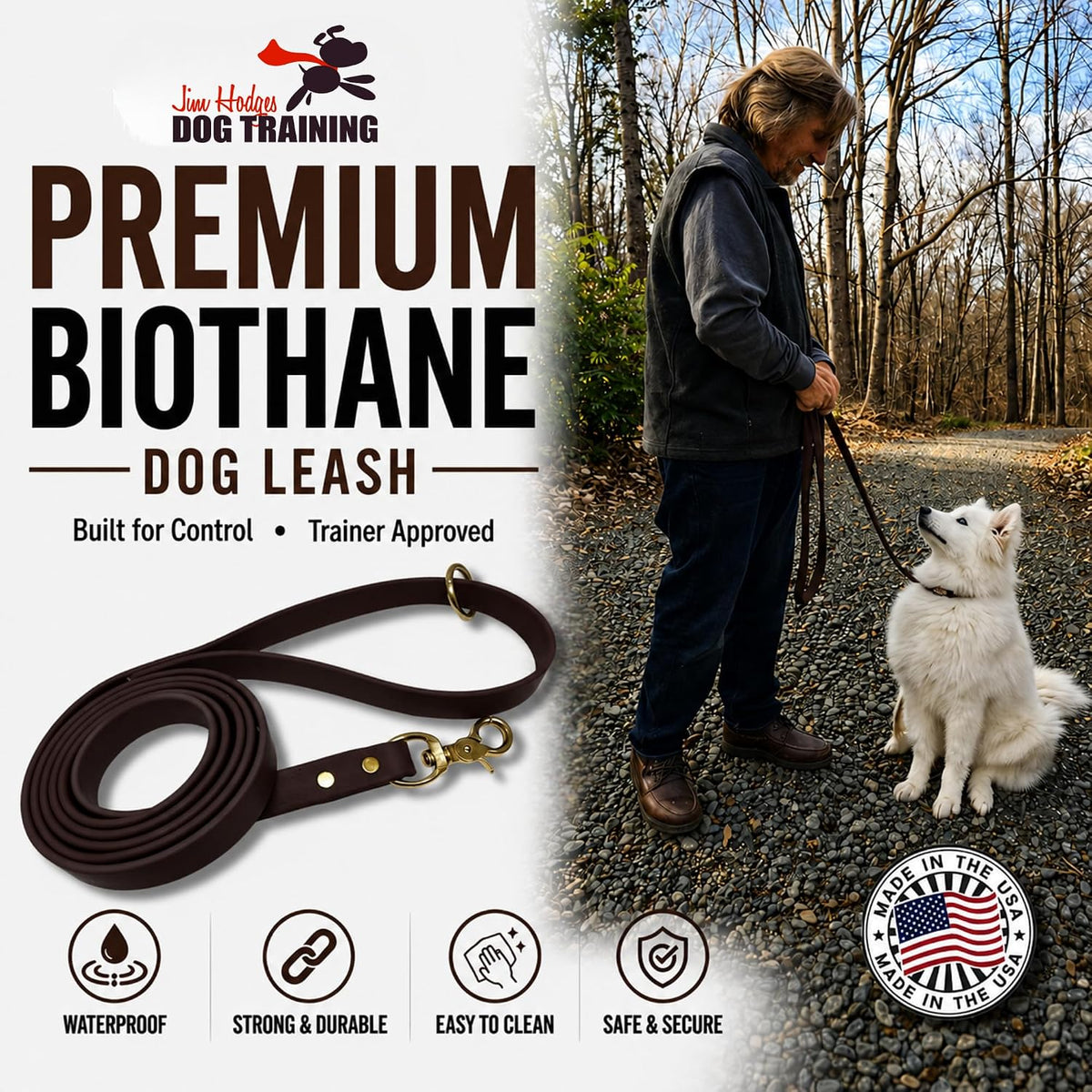 Biothane Leash, Brass, 6 ft x 5/8, Black – Essentials for Dogs - 3/4 / Brown - image 2