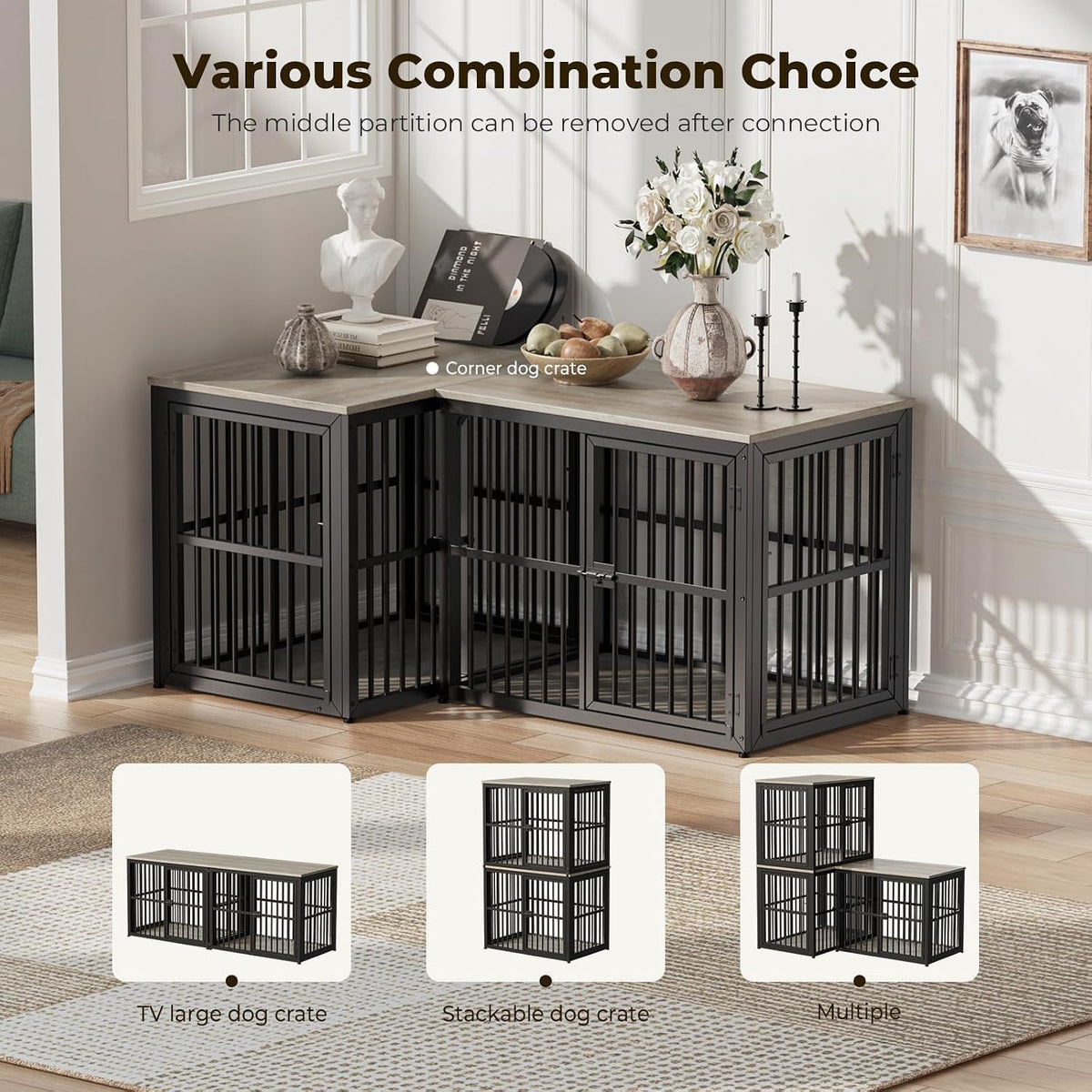 Lyromix 48'' XXL Dog Crate Furniture with 3 Doors for Large Dogs – Essentials for Dogs - Ancient gray / 33.1"L x 22.1"W x 26.0"H - image 2