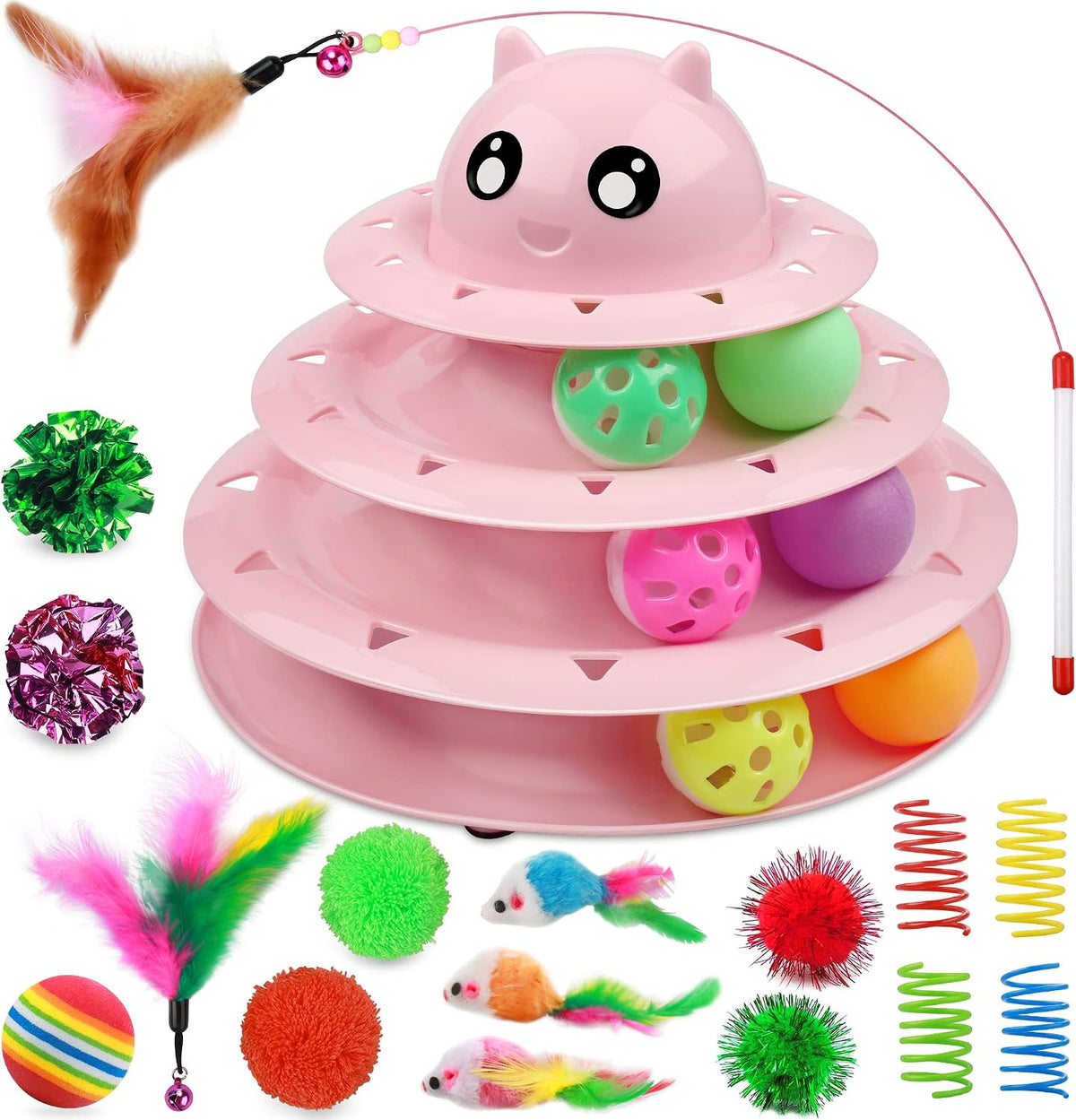 UPSKY Cat Toy Roller 3-Level Turntable Cat Toys with Six Colorful - B-Pink