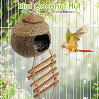 Natural Coconut Hide with Ladder Perches Hanging Bird House Toy - 1pc Coconut Hide with Ladder &Rope - image 4