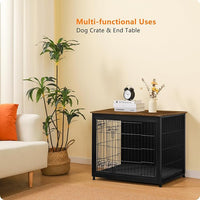 DWANTON Dog Crate Furniture with Cushion, Wooden Kennel Table with Double Doors, Indoor Dog House, Medium Size, 32.5" L, Black+Warm Brown