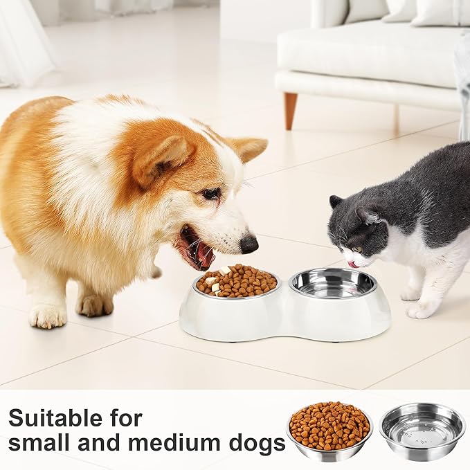 Stainless Steel Dog Bowls Set – Dual Non-Slip Pet Dishes with 2 Small (4oz*2) Bowls & Durable Resin Stand,Food & Water Feeder for Puppies, Kittens, and Small Breed Dogs– White