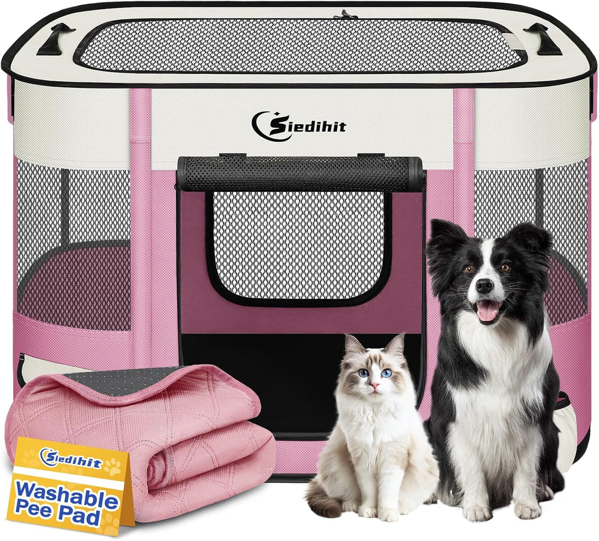 Siedihit 31" Dog Playpen, Cat Puppy Pen - Medium / Pink with Pad