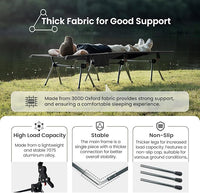 ONETIGRIS SUPRANUBIS Camping Cot, Height Adjustable with Cot Leg Extenders, Strong Support 330lbs, Lightweight Comfortable Folding Bed for Camping, Hiking, Travel, Truck, Beach, Office Nap