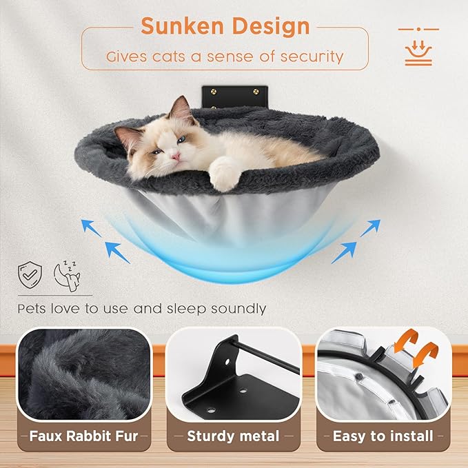 Cat Hammock Wall Mounted, Foldable & Stable Cat Beds- Breathable Cats Wall Shelves for Sleeping, Playing, Climbing, and Lounging - Maximum Hold Up to 30lb（Gray,Faux Rabbit Fur）