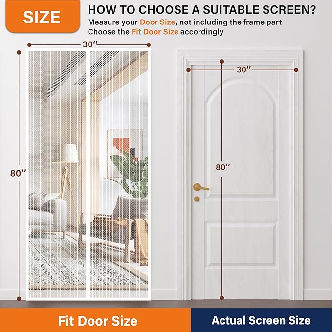 Magnetic Screen Door, Heavy Duty Door Screen Magnetic Closure Keep Bugs Out,Pet & Kid Friendly，Hands Free Door Screen Fit Door Size 32 x 80 Inches White