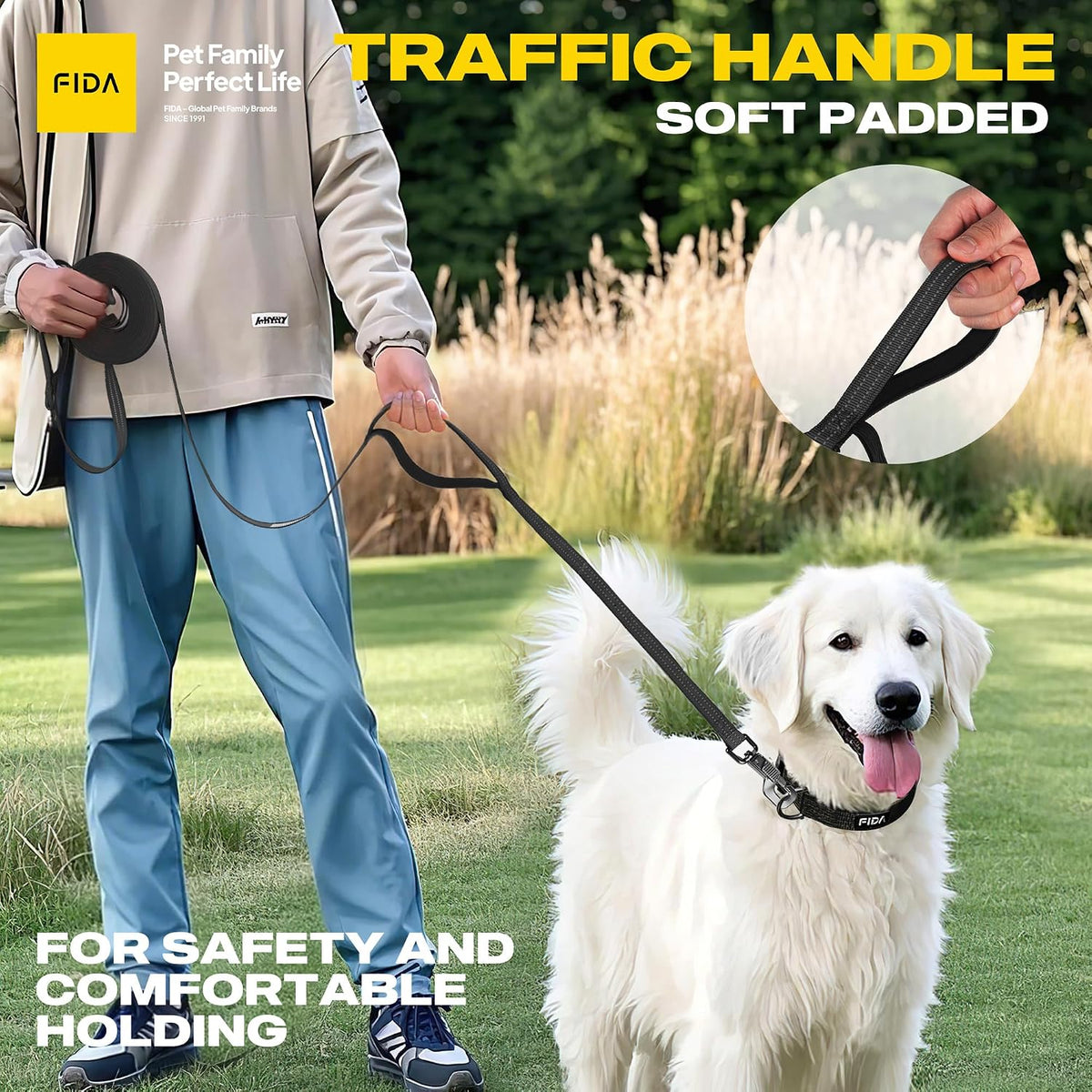 Fida Obedience Recall Training Agility Lead, Orange - 33FT / Black - image 3