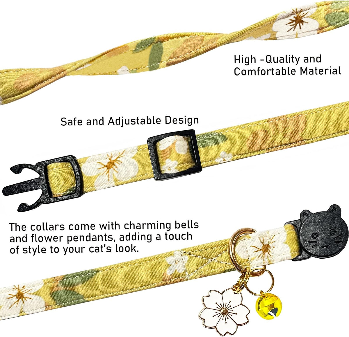 2 Pack Cotton Breakaway Cat Collars Set with Bell and Flower Pendant - yellow+navy flower - image 3