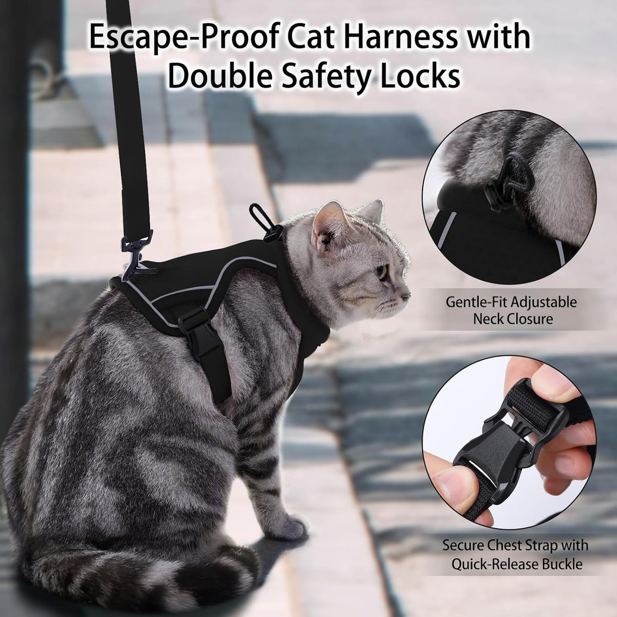 Dotoner Escape Proof Cat Harness and Leash Set Adjustable Soft Mesh - Black / Medium - image 3