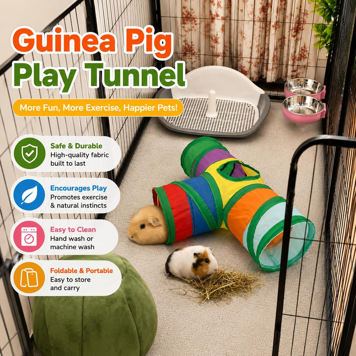 Guinea Pig Tunnel Hideout 3-Way Collapsible Small Pet Tubes - Rainbow - image 4