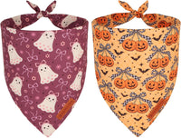ADOGGYGO 2 pack Halloween dog bandanas in purple ghost and orange pumpkin prints