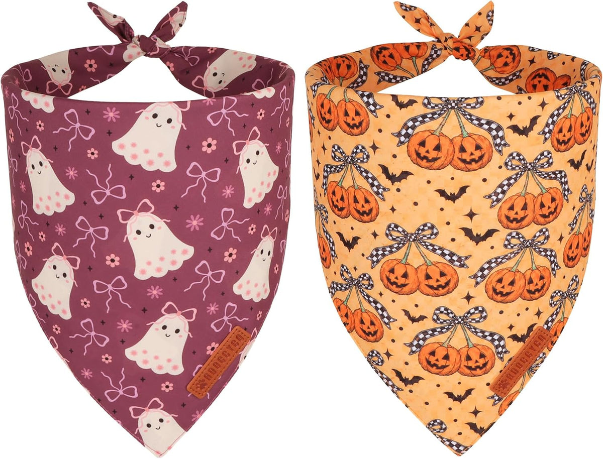 ADOGGYGO 2 pack Halloween dog bandanas in purple ghost and orange pumpkin prints