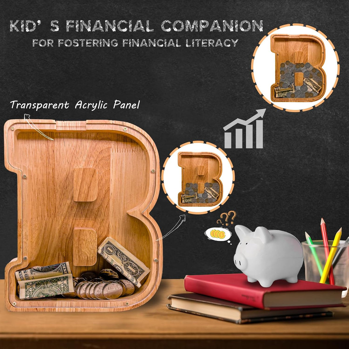 JOOMLAFLY Wooden Letter Piggy Bank for Kids 9"Clear Coin Bank - B / Initial-9" - image 3
