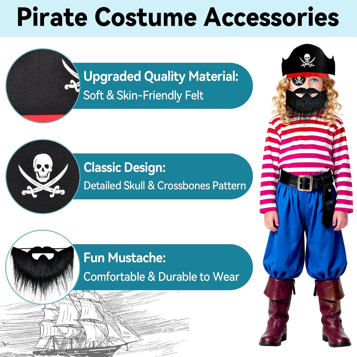 ZeeDix 9 Pcs Pirate Accessories for Kids - 18pcs New Pirate Beard Set - image 4