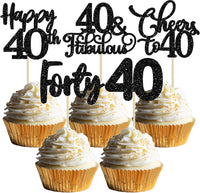 30 Pack Happy 80th Birthday Cupcake Toppers Gold Glitter Eighty - 40th / Black