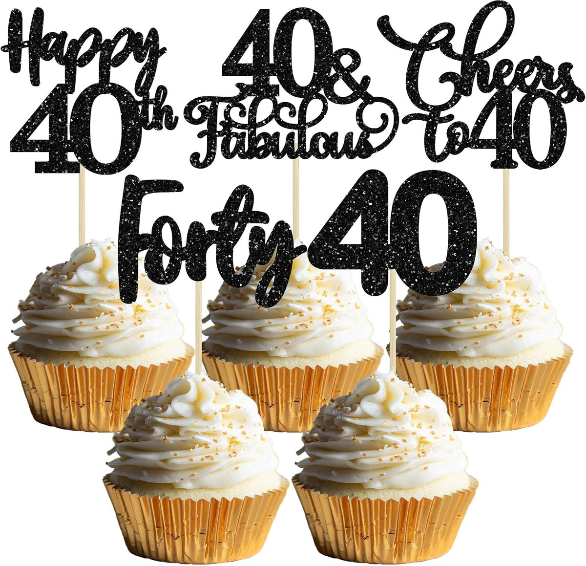 30 Pack Happy 80th Birthday Cupcake Toppers Gold Glitter Eighty - 40th / Black