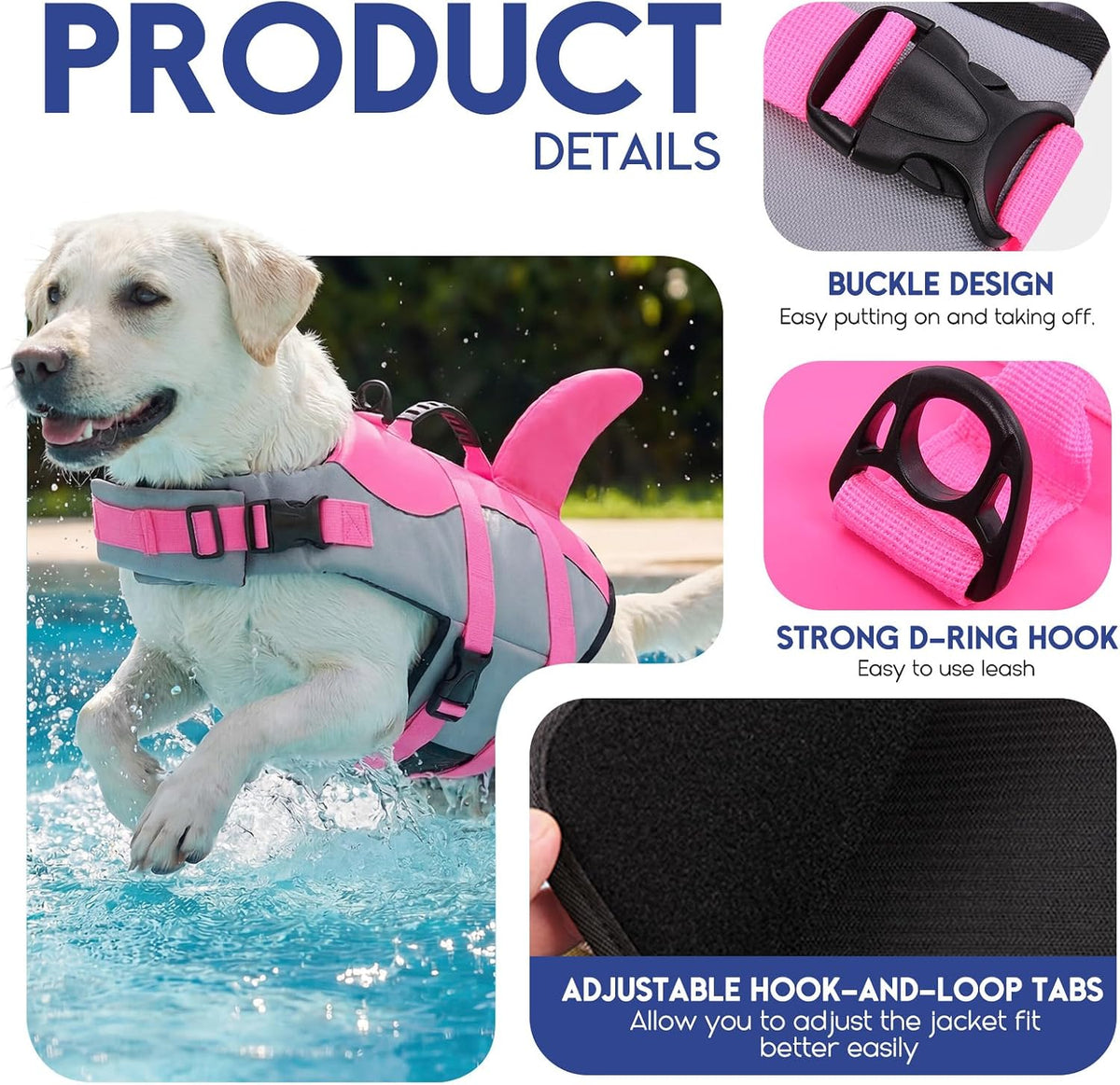 ASENKU Dog Life Jacket, Pet Safety Vest for Swimming & Boating - Medium / Shark Pink - image 3