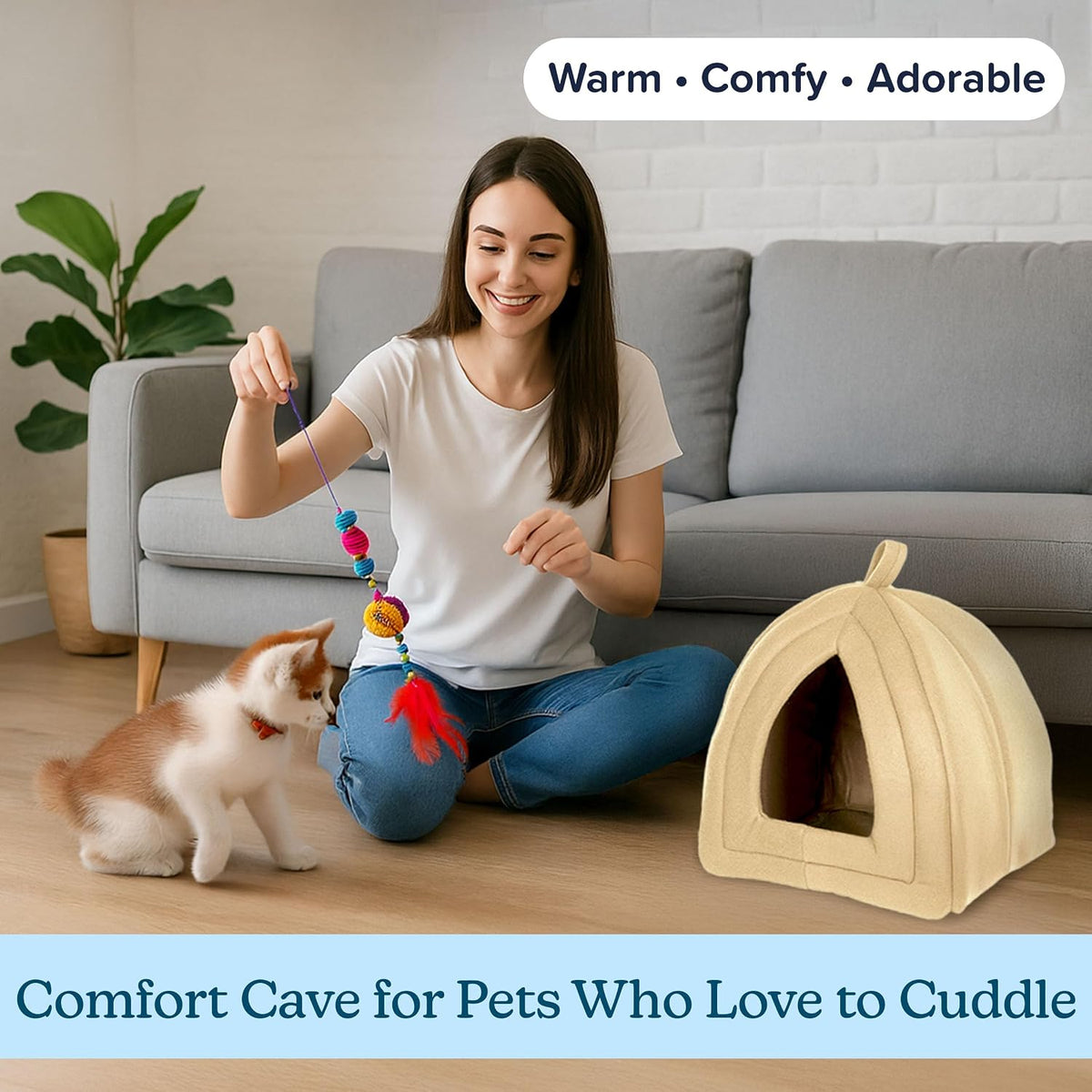 PETMAKER Cat House Indoor Bed with Removable Foam Cushion - Tan / (L) 13.5” x (W) 13.5” x (H) 15” - image 4