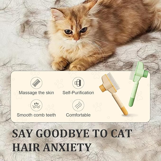 2-Pack Pet Hair Removal Comb & Flea Comb with Release Button for Cats & Dogs - Grooming Brush for Short/Long Hair Green & Yellow