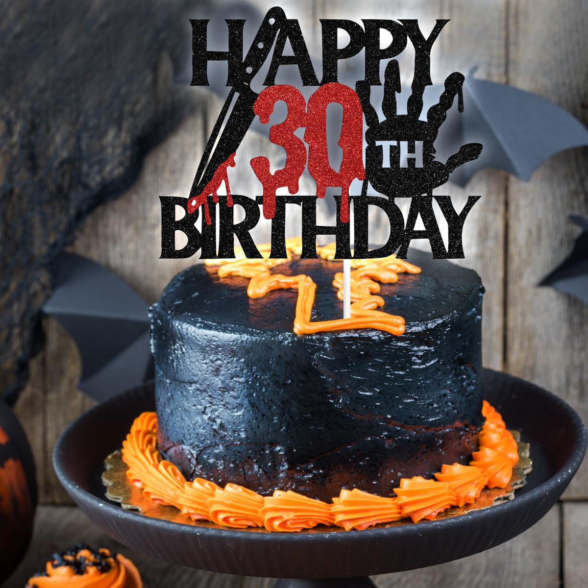 Black glitter Killer Happy 13th Birthday cake topper for a horror Halloween party - view 38