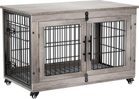 Lulive Large Dog Crate Furniture, 38'' Wooden Dog Crate End Table, Double Door Dog Kennel Indoor with Cushion & Wheels, Decorative Dog Cage House Chew-Resistant for Large/Medium, Grey