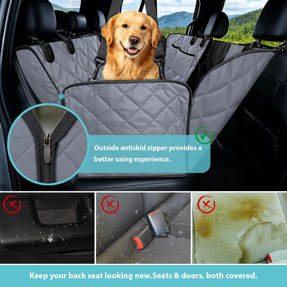 Dog Car Seat Cover for Back Seat with Safety Belt Universal Fit – Essentials for Dogs - Gray / Truck - image 3