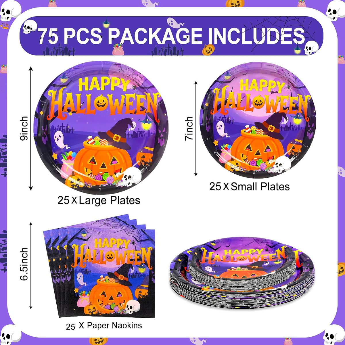 qonimi Halloween plates and napkins set, 75 piece disposable tableware - view 34
