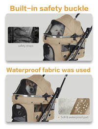 JK Pawadore 4 Wheels Pet Stroller Best Lightweight Foldable Portable Secure Easy Lock NO-Zip 180 ̊ Canopy Sun Shades Waterproof for Small/Medium Dogs 33lbs with Large Storage Basket (Khaki)