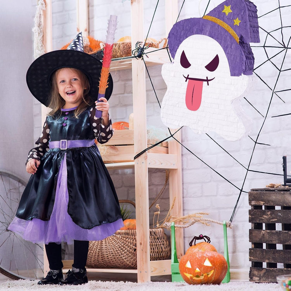 WERNNSAI Halloween skull pumpkin piñata in orange and black with spooky face - view 29