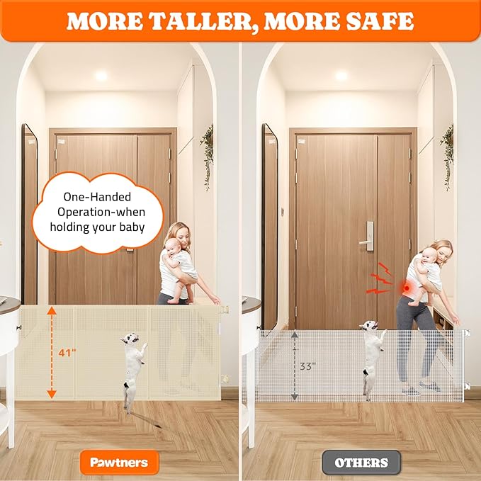 Upgrade 200" Retractable Baby Gates Extra Wide with Reinforced Strips, Mesh Retractable Dog Gate for Garage, 41" Tall Retractable Gate Indoor Outdoor for Pet and Baby-Beige