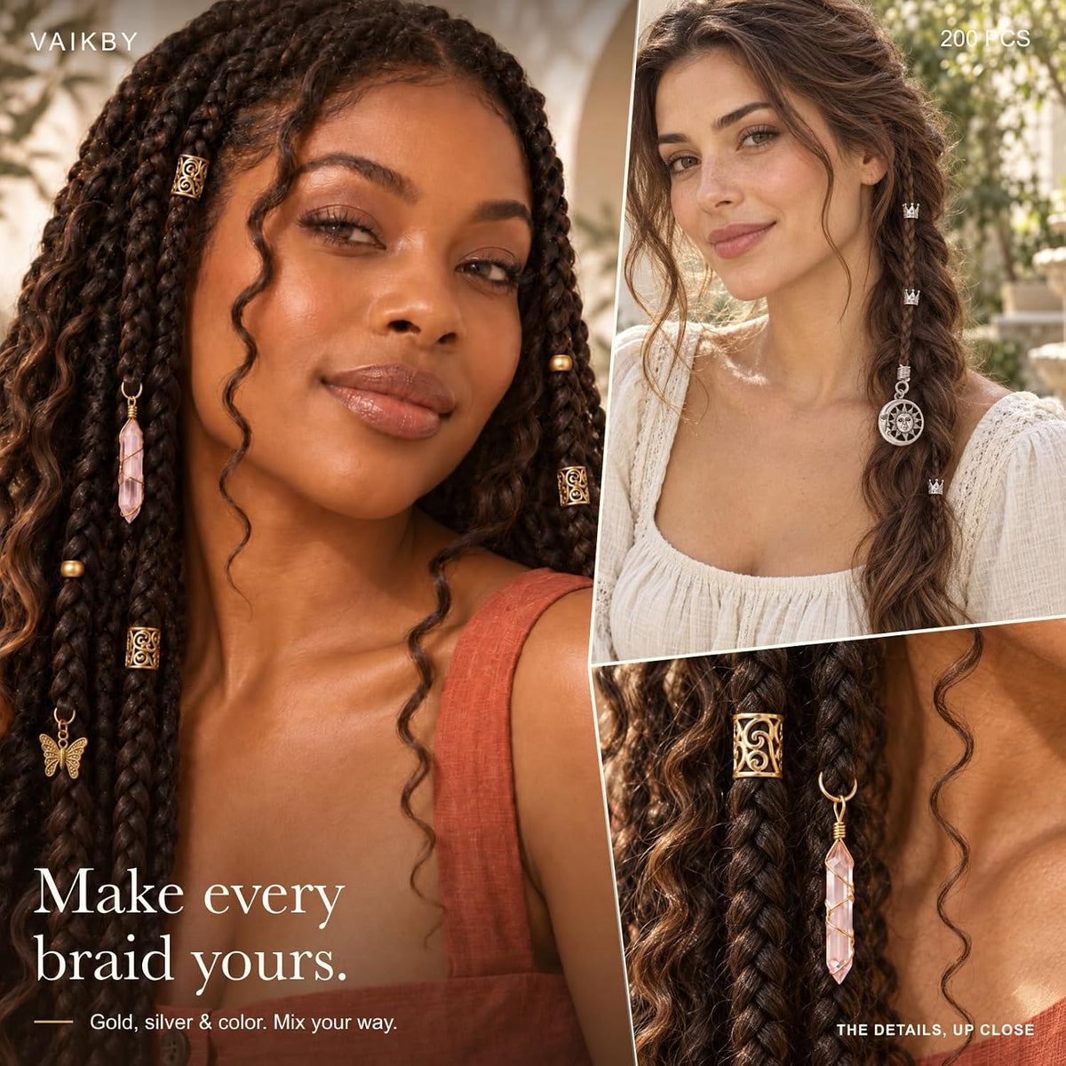 Vaikby 200 piece hair jewelry set for braids and locs with gold and silver cuffs, rings and charms - view 2