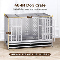 48 Inch Heavy Duty Indestructible Dog Crate Steel Escape Proof, Indoor Double Door High Anxiety Cage, Kennel with Wheels, Removable Tray,Silver,Extra Large XL XXL