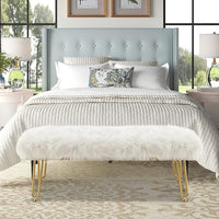 42.5Inch White Bedroom Bench, Benches for Bedroom White Faux Fur Upholstered Bed end Bench, Tufting Bench Indoor Bench with Metal Legs for Living Room Bedroom Dining Room Entryway