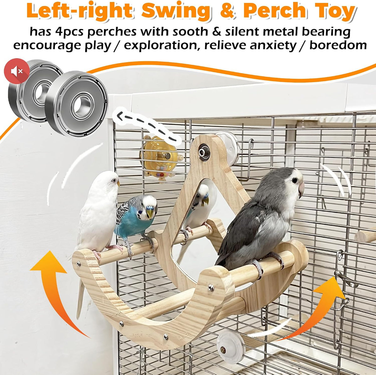 Bird Perch Toy, Wooden Interactive Rocking Parakeet Toys and Perches – Essentials for Birds - Wood / Cage Installation with Mirror - image 3