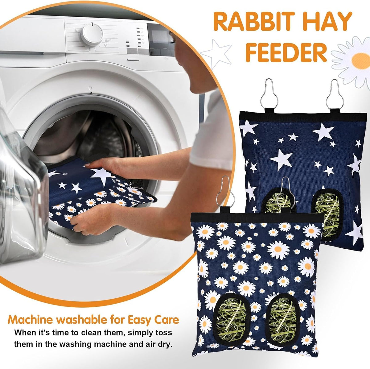 Upgraded Rabbits Hay Feeder Bag for Bunny, Guinea Pigs - Blue Star and Blue Daisy - image 2
