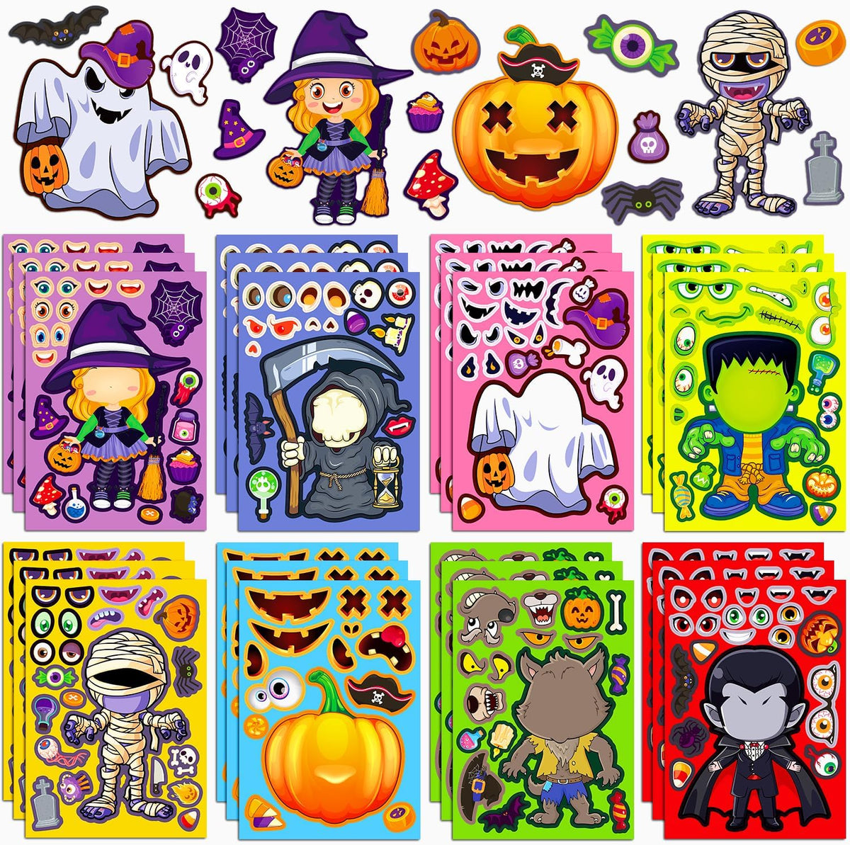Halloween Stickers for Kids, 24 DIY Face Sheets - Halloween