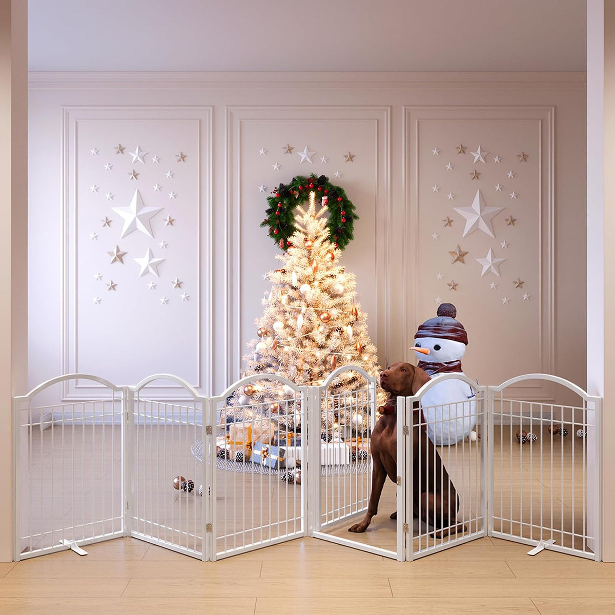 BHG Metal No-Assembly Freestanding Dog Gate with Door Walk Through - White / 6 panels - image 4
