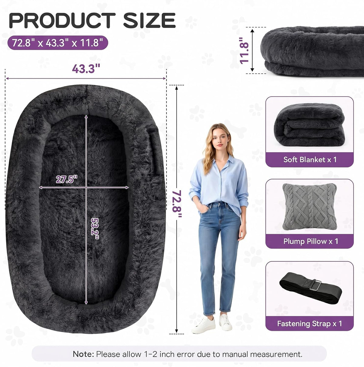 Grey Human Dog Bed, 71''x45''x12'' Size Fits Adult and Pet - Dark Grey - image 2