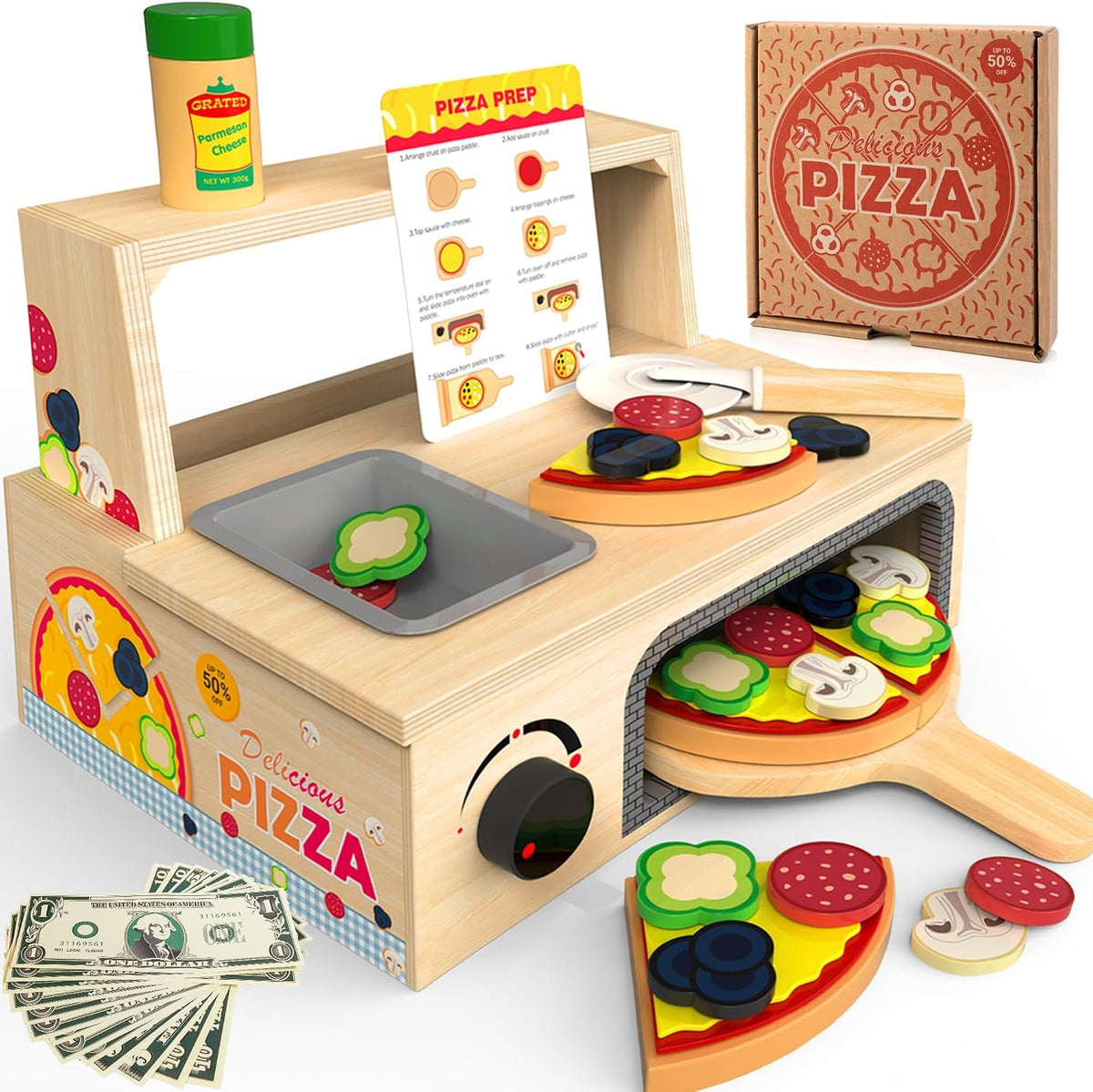 WOODMAM Wooden Pizza Toy, 48 PCS Montessori Pretend Play Food for Ages 3+ – Fun for Kids & Family - Foldable Wooden Oven